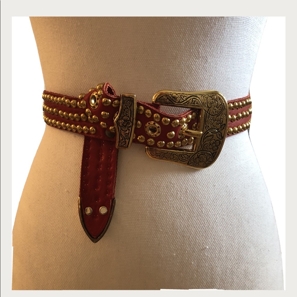 Gold and Red Studded Western Fashion Belt